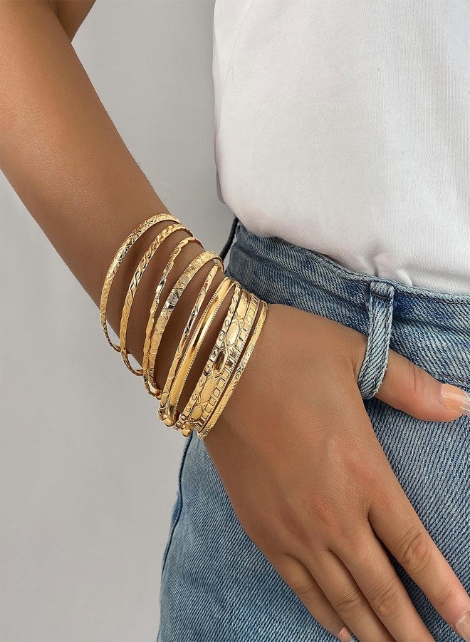 IFKM Gold Bangles Bracelets For Women, 14k Gold Plated Multi Layer Stackable Open Bracelet Set, Elegance Trendy Charms Non Tarnish Minimalist Textured Boho Jewelry Gift for Women - Image 2